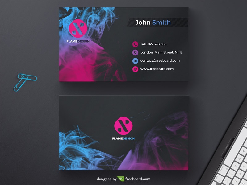 Dark business card template with colored ink drops - Freebcard