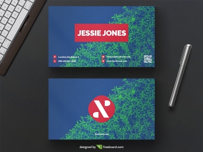 Creative blue and green business card on bush background